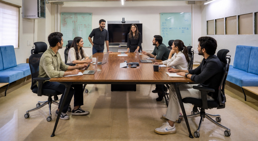 Team collaborating in a modern conference room