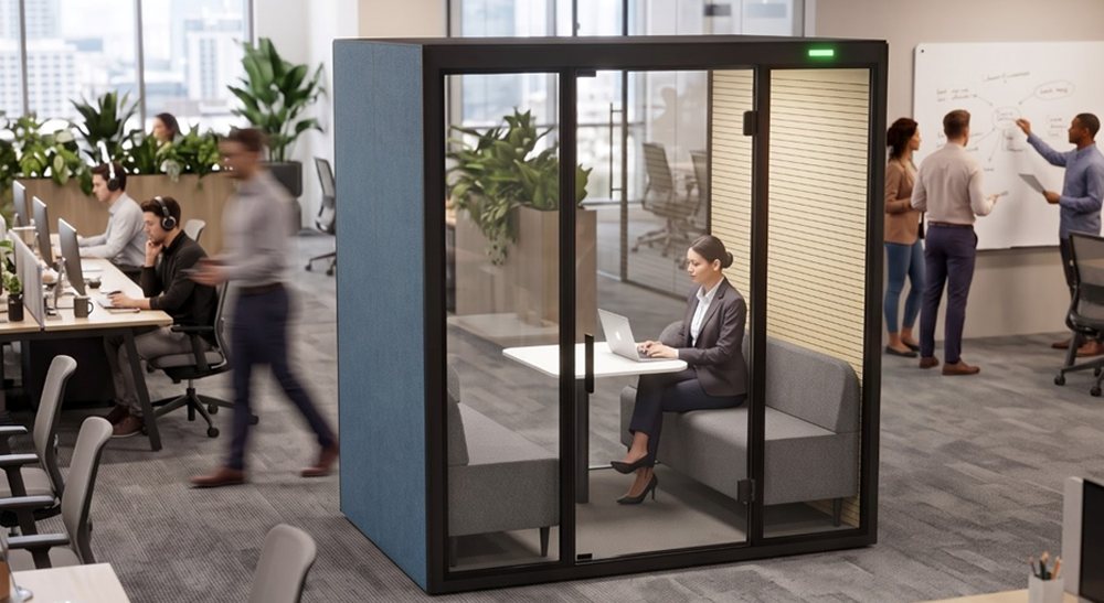 Employee working inside a hüssh! Pod in a busy open office space