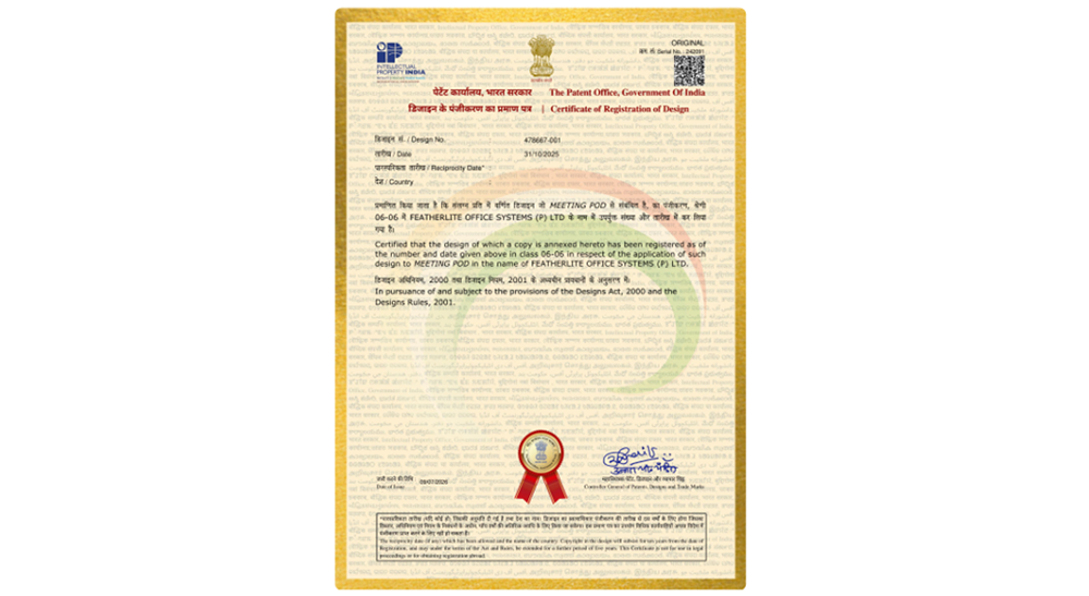 Certificate of Registration of Design from The Patent Office, Government of India