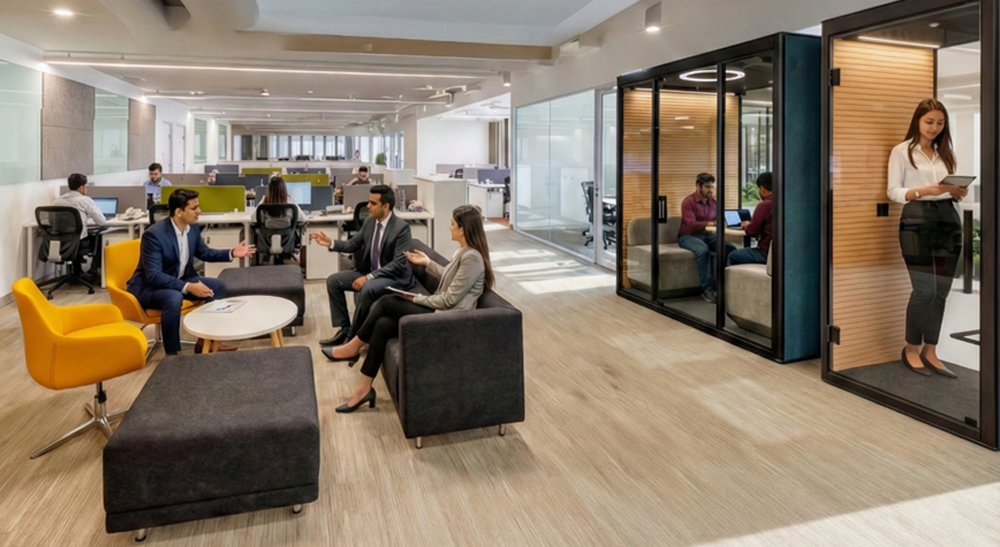 Balanced office environment featuring hüssh! Pods, Costa Lounge Chairs, and Interact Sofa