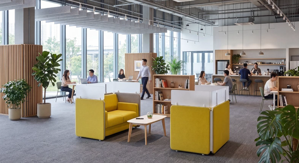 Social and touchdown seating arranged in an open workplace environment