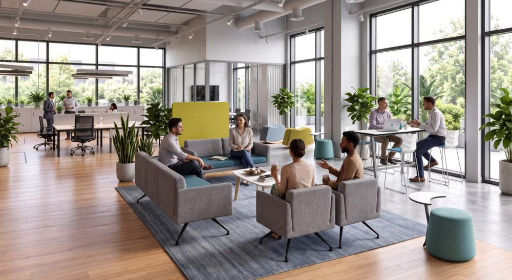 Lounge and informal seating settings integrated naturally into circulation paths