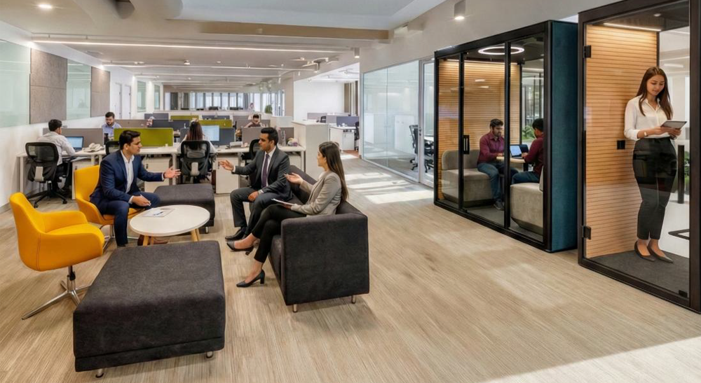 Lounge seating, meeting pods, and private booths coexisting on the same office floor