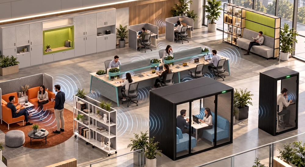 Modern hybrid office layout with various sound environments and acoustic solutions