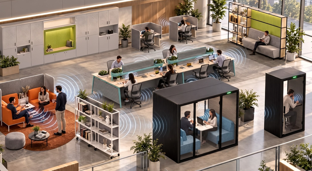 Acoustic zoning layout showing layered interventions across the office floor